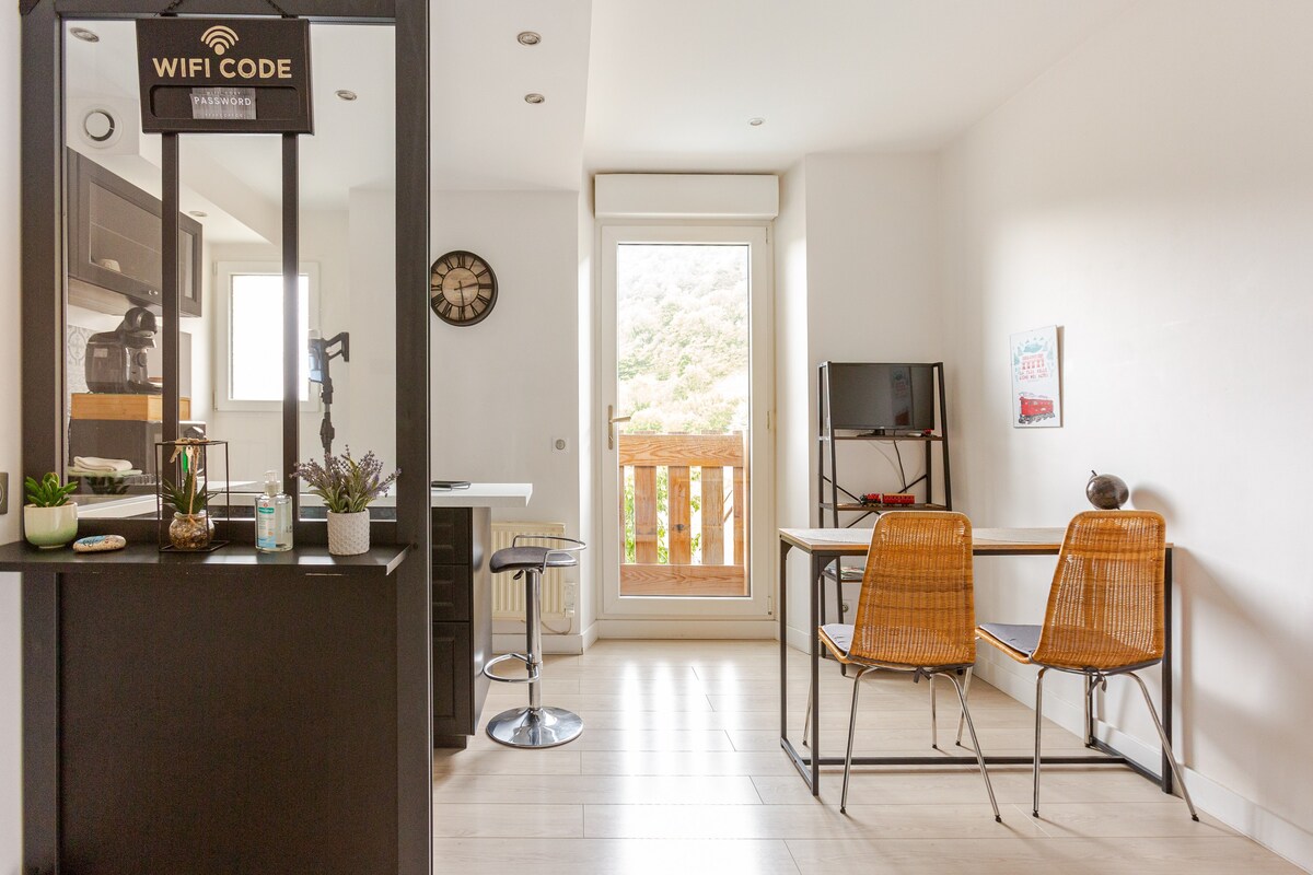 Vue sur le balcon depuis l'espace repas